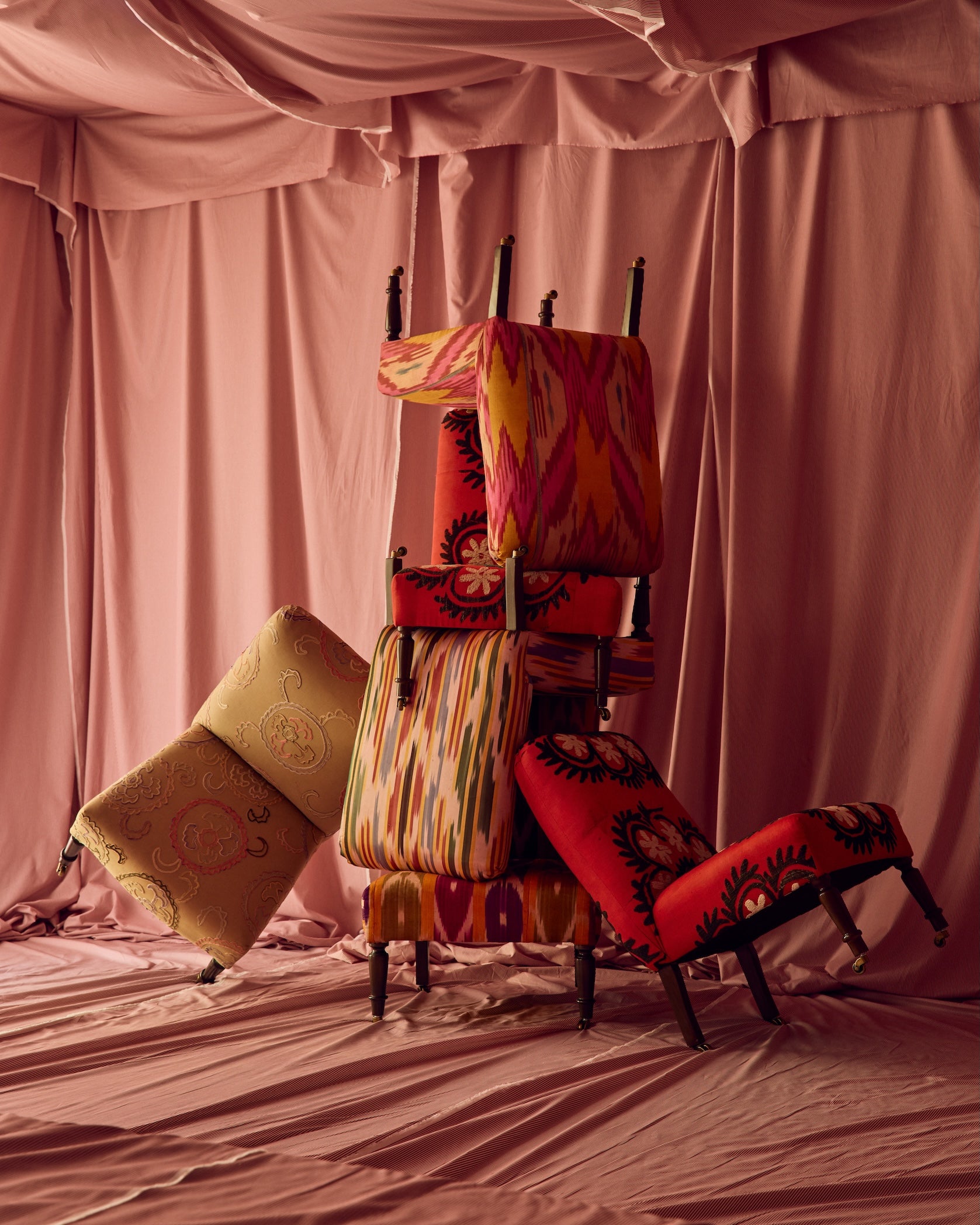 WILLIAM WHITE x CABANA: Studio Slipper Chair, Antique Uzbek Ikat Silk Textile